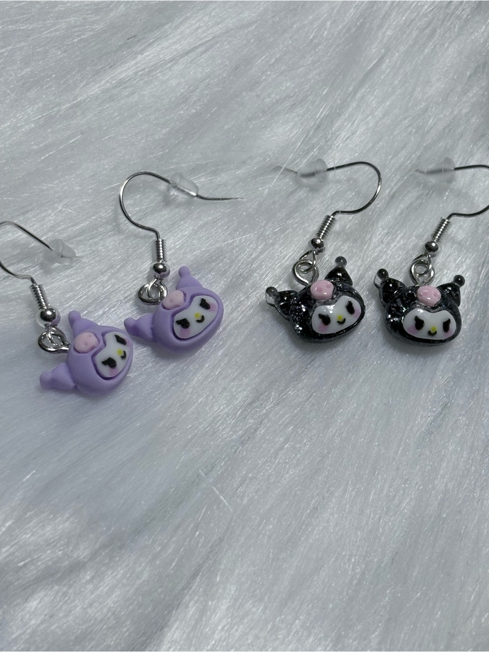 Kawaii Cat Face Dangle Earrings for Kids - Purple & Black 2 pair